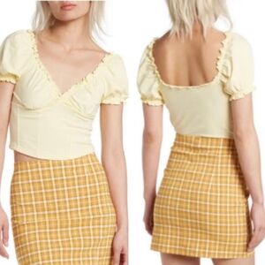NWT Topshop Yellow Ruffle Hem Puffed Sleeve V Neck Fitted Bodice Crop Top Size 4
